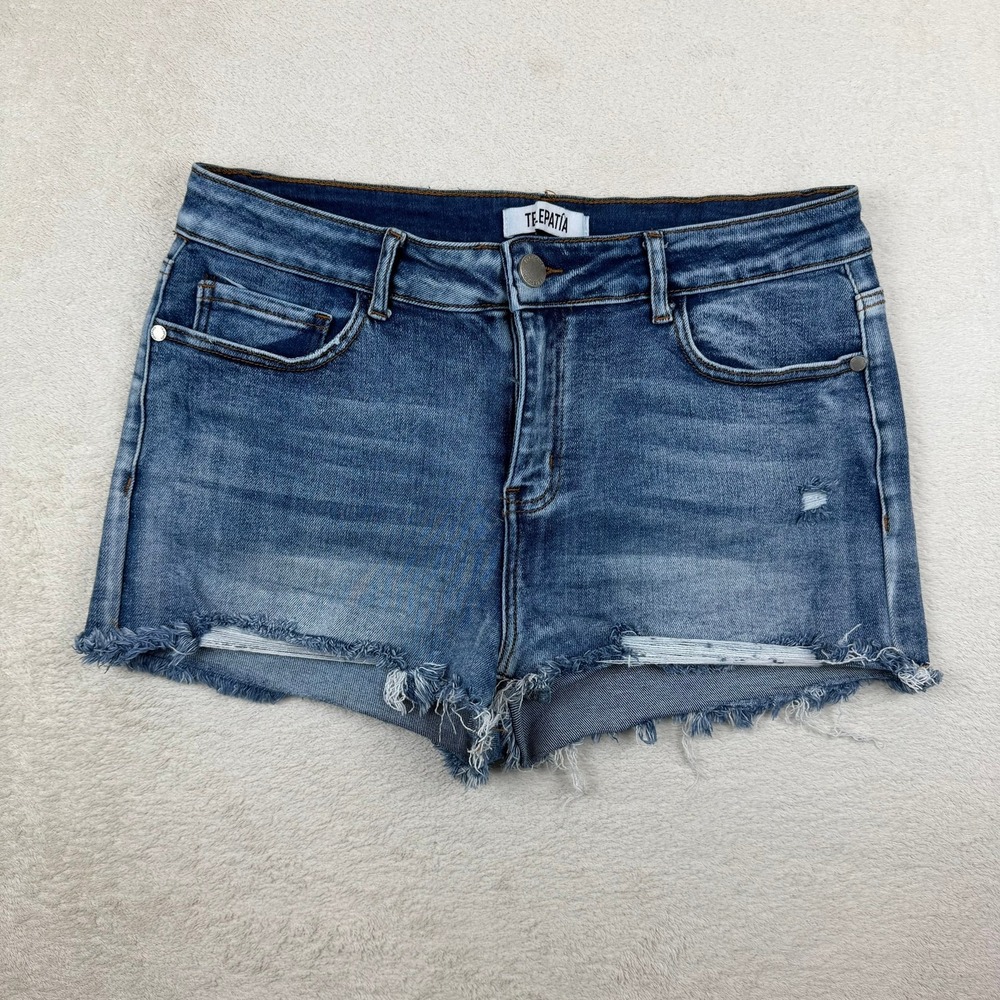 Womens Distressed Denim Cut‎ Off Shortie Shorts Medium Wash Blue Size 15/32